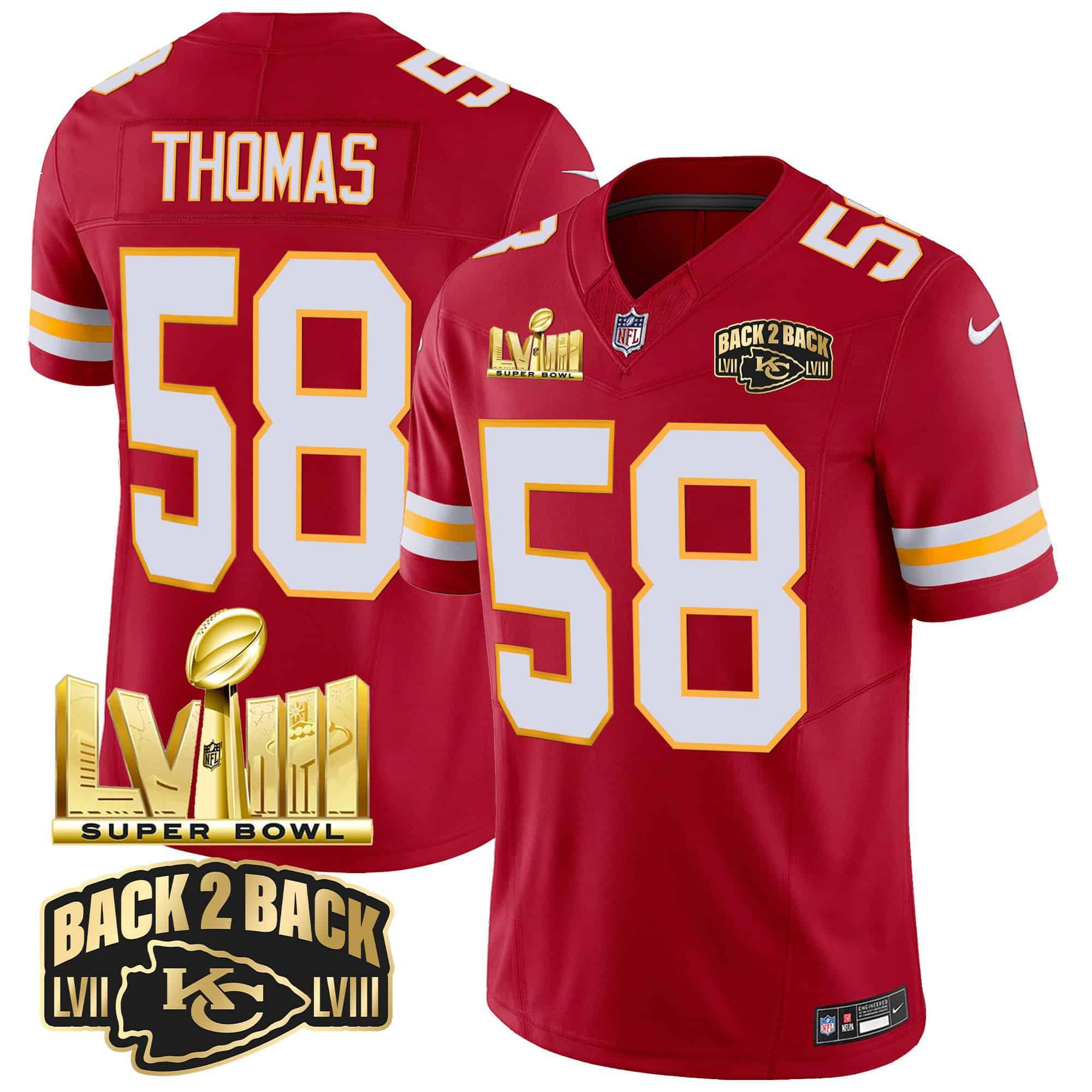 Men Kansas City Chiefs 58 Thomas Red 2024 Nike Super Bowl LVIII & Back 2 Back Gold Patch Vapor NFL Jersey style 3